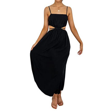loveimgs Women Summer Hollow Out Ruffle Maxi Dress Cutout Party Spaghetti Strap Beach Flowy Dress (Medium,Black)