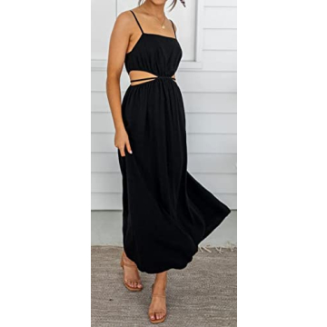 loveimgs Women Summer Hollow Out Ruffle Maxi Dress Cutout Party Spaghetti Strap Beach Flowy Dress (Medium,Black)