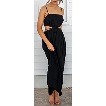 loveimgs Women Summer Hollow Out Ruffle Maxi Dress Cutout Party Spaghetti Strap Beach Flowy Dress (Medium,Black)