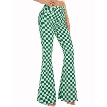 Odefou Checkered Flare Jeans for Women - High Waisted Bell Bottoms