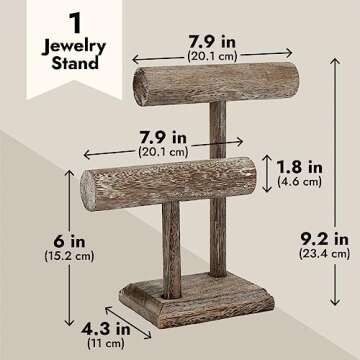 Bright Creations Rustic-Style 2-Tier Jewelry Organizer Stand, Wooden T-Bar Necklace Rack and Bracelet Holder Display for Selling, Bangle, Watch Tower, Rings, Earrings Storage (8x4x9 In)