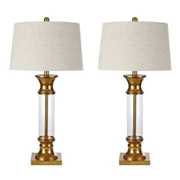 JONATHAN Y JYL4000B-SET2 Set of 2 Table Lamps Hunter 32" Metal/Glass LED Table Lamp Cottage Rustic Bedside Desk Nightstand Lamp for Bedroom Living Room Office College Bookcase, Gold/Clear