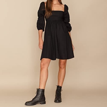 EXLURA Stylish Square Neck Puff Sleeve Dress
