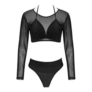 Meyeeka Sexy Women Gauze Long Sleeve High Waist 2 Piece Bikini Swimwear Swimsuit Black