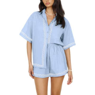 Yiulangde 2 Piece Lounge Sets for Women Summer Casual Beach Vacation Two Piece Outfits Button down P...