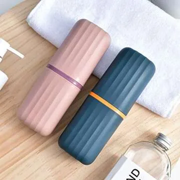 3 in 1 Portable Plastic Travel Toothbrush Case Multifunction Toothpaste Travel Case Holder for Travel, Business, Home, Camping, School Supplies(Dark Blue + Pink)