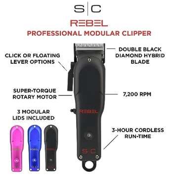 Stylecraft Rebel Professional Super-Torque Cordless Hair Clipper (Modular Lids: Pink, Blue, Black Included), Black Diamond Carbon Fusion Faper Blades