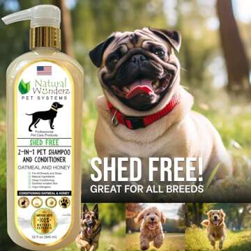 Pet Shampoo & Conditioner, Shed Free 2-in-1, Oatmeal and Honey, Hypoallergenic, Vegan, Natural Extract, for Healthy Skin & Coat, 32 Fl Oz, for Dry Itchy Skin, All Breeds, by Natural Wunderz