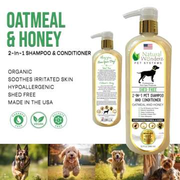Pet Shampoo & Conditioner, Shed Free 2-in-1, Oatmeal and Honey, Hypoallergenic, Vegan, Natural Extract, for Healthy Skin & Coat, 32 Fl Oz, for Dry Itchy Skin, All Breeds, by Natural Wunderz