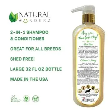 Pet Shampoo & Conditioner, Shed Free 2-in-1, Oatmeal and Honey, Hypoallergenic, Vegan, Natural Extract, for Healthy Skin & Coat, 32 Fl Oz, for Dry Itchy Skin, All Breeds, by Natural Wunderz