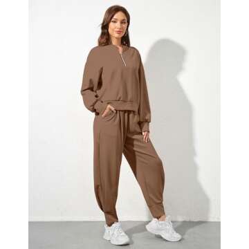 Ziesexy Womens 2 Piece Tracksuit Outfits Long Sleeve Half Zip Sweatshirt Sweatpants Lounge Set Sweatsuits Fall Matching Set, X-Large, Brown
