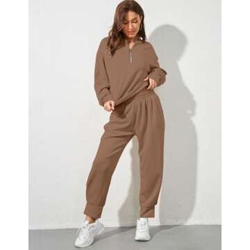 Ziesexy Womens 2 Piece Tracksuit Outfits Long Sleeve Half Zip Sweatshirt Sweatpants Lounge Set Sweatsuits Fall Matching Set, X-Large, Brown