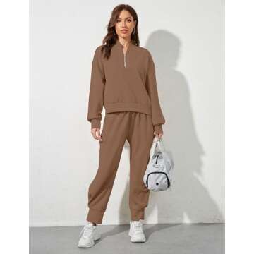Ziesexy Womens 2 Piece Tracksuit Outfits Long Sleeve Half Zip Sweatshirt Sweatpants Lounge Set Sweatsuits Fall Matching Set, X-Large, Brown