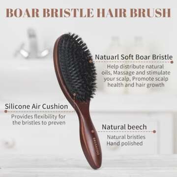 BRUSHZOO Boar Bristle Hair Brush, Hair Brushes for Women Men Kid Detangle, Hairbrush for Fine Short Thin Hair Type Keep Hair Heathy Restore Shine