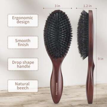 BRUSHZOO Boar Bristle Hair Brush, Hair Brushes for Women Men Kid Detangle, Hairbrush for Fine Short Thin Hair Type Keep Hair Heathy Restore Shine