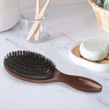 BRUSHZOO Boar Bristle Hair Brush, Hair Brushes for Women Men Kid Detangle, Hairbrush for Fine Short Thin Hair Type Keep Hair Heathy Restore Shine