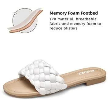 ATHMILE Braided Womens Sandals Round Open Toe Fashion Slide Sandals Women Dressy Summer Flat Beach White Size 8