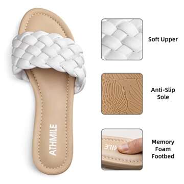 ATHMILE Braided Womens Sandals Round Open Toe Fashion Slide Sandals Women Dressy Summer Flat Beach White Size 8