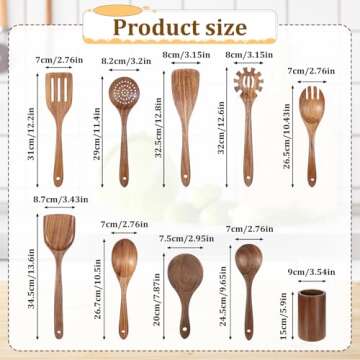 10PCS Handmade Wooden Kitchen Utensils Set - Teak Wood Spoons for Cooking