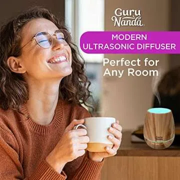 GuruNanda Woodsy Ultrasonic Diffuser & Cool Mist Humidifier - Aromatherapy Diffuser with Auto Shut-Off, 7 LED Lights & 5 Modes - Perfect for Spa, Yoga, Office & Large Room - Helps to Relax (150 mL)
