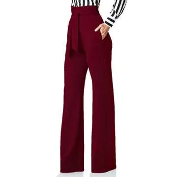 LKOUS Women Work Casual Stretchy Straight Wide Leg High Waisted Long Pants with Belt Wine M