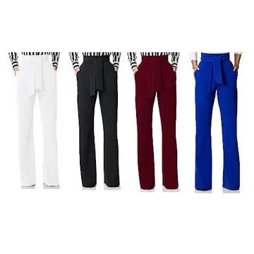 LKOUS Women Work Casual Stretchy Straight Wide Leg High Waisted Long Pants with Belt Wine M