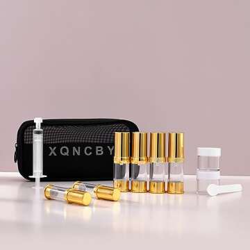 XQNCBY golden airless pump bottle with travel bag set with labels empty refillable cosmetic pump tra...