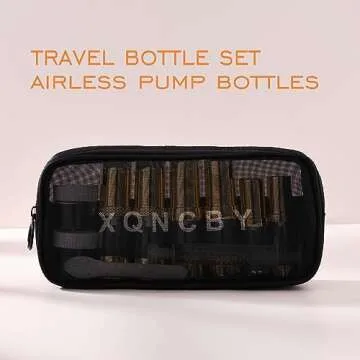 XQNCBY golden airless pump bottle with travel bag set with labels empty refillable cosmetic pump travel size containers hair oil, lotion and other liquids 5ml 10ml 15g(12 Packs)