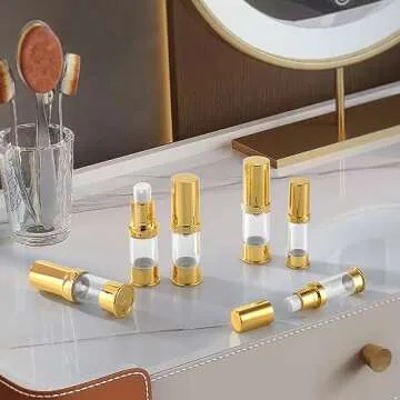 XQNCBY golden airless pump bottle with travel bag set with labels empty refillable cosmetic pump travel size containers hair oil, lotion and other liquids 5ml 10ml 15g(12 Packs)