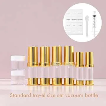 XQNCBY golden airless pump bottle with travel bag set with labels empty refillable cosmetic pump travel size containers hair oil, lotion and other liquids 5ml 10ml 15g(12 Packs)