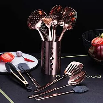 Copper Kitchen Utensils Set,13 Pieces Stainless Steel Cooking Utensils Set With Titanium Rose Gold Plating,Kitchen Tools Set With Utensil Holder For Non-Stick Cookware Dishwasher Safe (13 Packs)