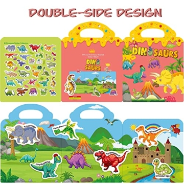 Reusable Sticker Book for Kids 2-4, 2 Sets Vehicle & Dinosaur Sticker Busy Book Educational Learning Toys Travel Stickers Quiet Activity Books for Toddler Age 2+ Birthday Gifts