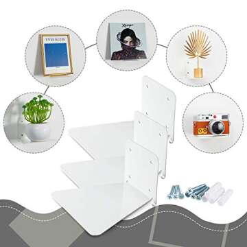 Jetec 6 Pieces Floating Bookshelf Iron Floating Shelves Invisible Wall Mounted Bookshelf Multipurpose Wall Shelves for Home Office Classroom Library (White)