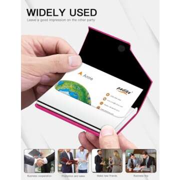 Padike Business Card Holder, Upgraded Leather Business Card Case Pocket Card Holders for Men or Women, Metal Slim Name Card Holder RFID Blocking Business Card Carrier with Magnetic Closure (Rose red)