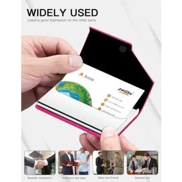 Padike Business Card Holder, Upgraded Leather Business Card Case Pocket Card Holders for Men or Women, Metal Slim Name Card Holder RFID Blocking Business Card Carrier with Magnetic Closure (Rose red)