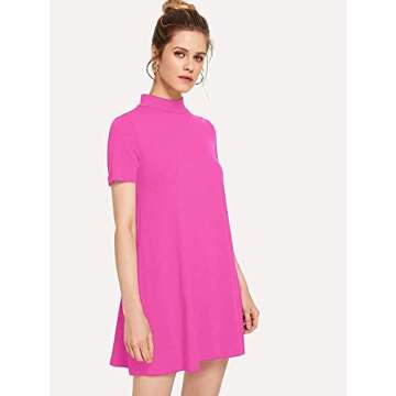 Milumia Women's Mock Neck T Shirt Dress Casual Short Sleeve Loose A Line Swing Mini Dress Rose Red X-Large