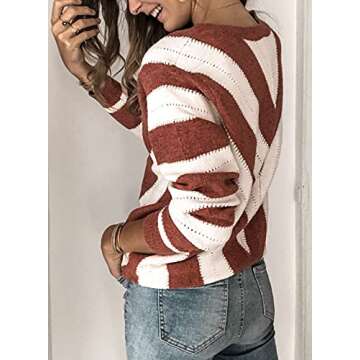 Asvivid Womens Sweaters Spring 2023 Fall Striped V Neck Long Bat Sleeve Color Block Warm Sweater Soft Brown Knitted Jumper Tops S