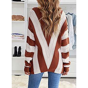 Asvivid Womens Sweaters Spring 2023 Fall Striped V Neck Long Bat Sleeve Color Block Warm Sweater Soft Brown Knitted Jumper Tops S