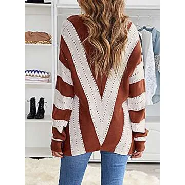Asvivid Womens Sweaters Spring 2023 Fall Striped V Neck Long Bat Sleeve Color Block Warm Sweater Soft Brown Knitted Jumper Tops S