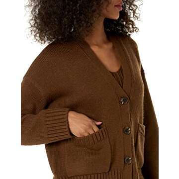The Drop Women's Brigitte Chunky Button Front Pocket Ribbed Cardigan, Coffee Bean, L