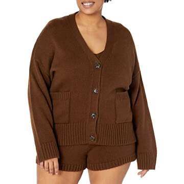 The Drop Women's Brigitte Chunky Button Front Pocket Ribbed Cardigan, Coffee Bean, L