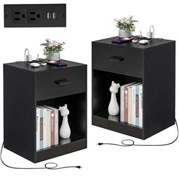 Quimoo Nightstands Set of 2, Nightstand with Charging Station, Night Stands with Drawer for Bedroom,...