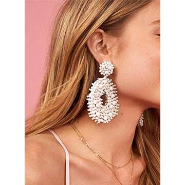 Fashion Cute DIY Handmade Beaded Statement Earrings for Women, Funny Elements for Flamingo, Parrot, Ice Cream, Snake and Green Leaf(Teardrop Beaded)