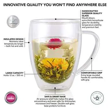 Teabloom Double Walled Mugs - 12 oz / 350 ml – Set of 4 Insulated Glass Mugs for Tea, Coffee, and ...