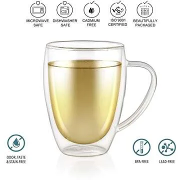 Teabloom Double Walled Mugs - 12 oz / 350 ml – Set of 4 Insulated Glass Mugs for Tea, Coffee, and More – Clear Bliss Collection