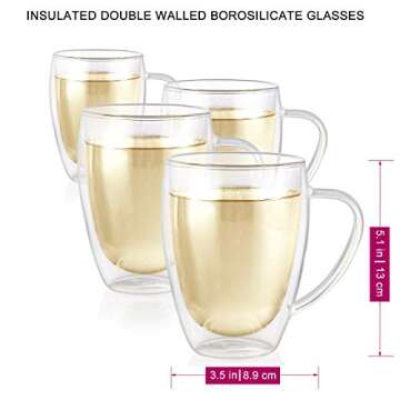 Teabloom Double Walled Mugs - 12 oz / 350 ml – Set of 4 Insulated Glass Mugs for Tea, Coffee, and More – Clear Bliss Collection