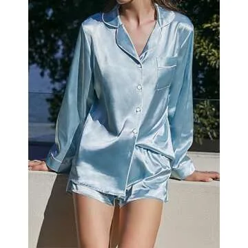 Ekouaer Women's Bridal Feather Trim Silk Satin Pajama Set Long Sleeve Lounge Sets Sleepwear (Removable Feather) Light Blue Small