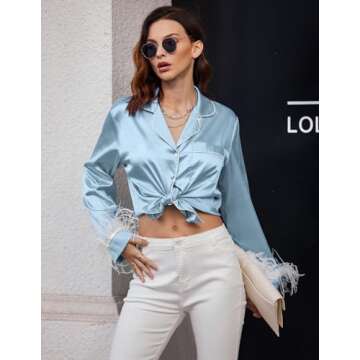 Ekouaer Women's Bridal Feather Trim Silk Satin Pajama Set Long Sleeve Lounge Sets Sleepwear (Removable Feather) Light Blue Small