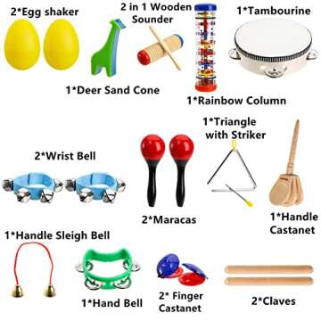 Peohud 19 PCS Toddler Musical Instruments Set, Wooden Percussion Instruments Tambourine Toys for Bab...