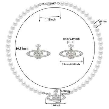 Saturn Pearl Necklace White Pearl Choker Necklace for Women Crystal Rhinestone Planet Necklace and Silver Saturn Stud Earrings Set Jewelry Gifts for Birthday Anniversary Christmas Day